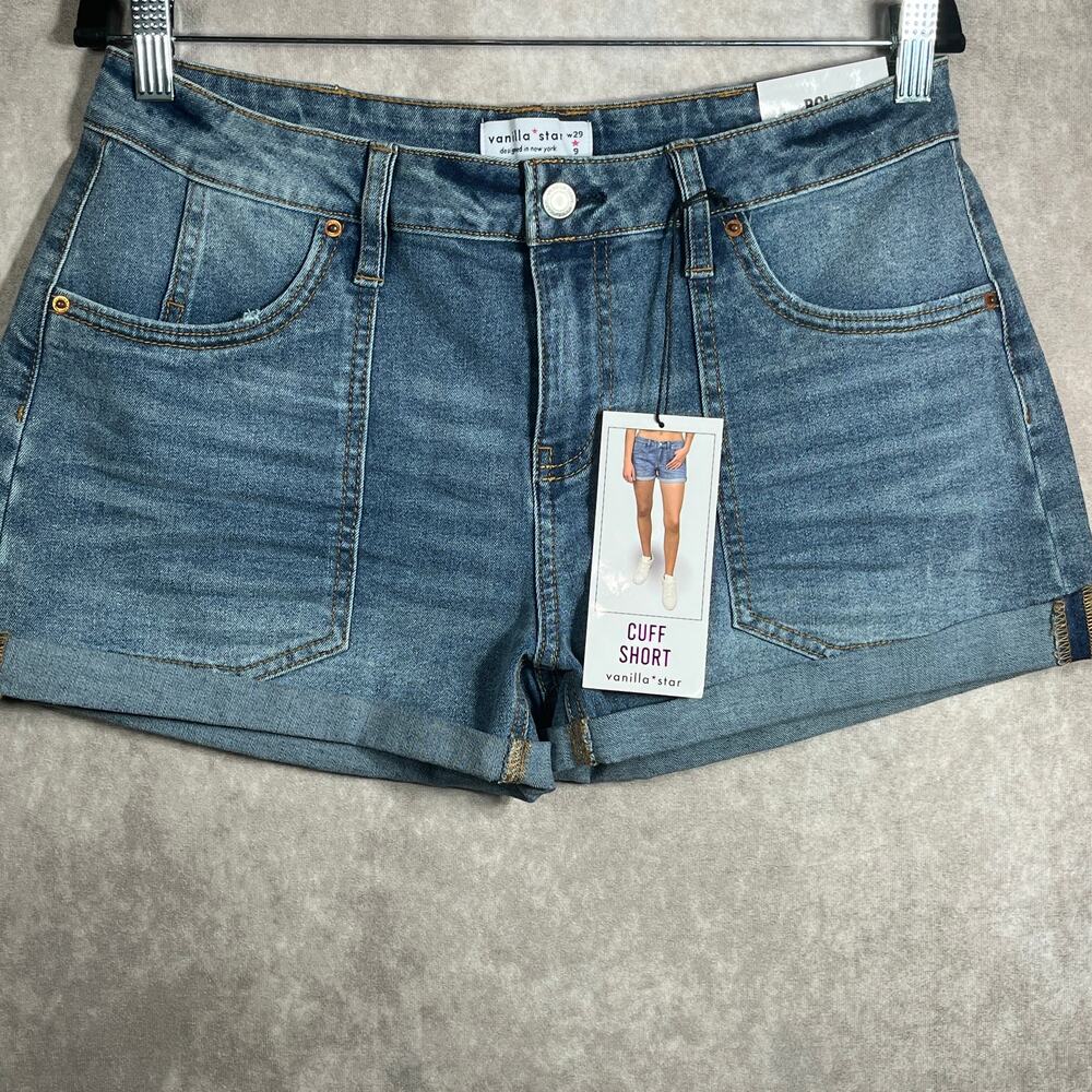 Vanilla Star Shorts Womens Size 29/9 Blue Medium Wash Denim Cuffed Mid Rise NEW